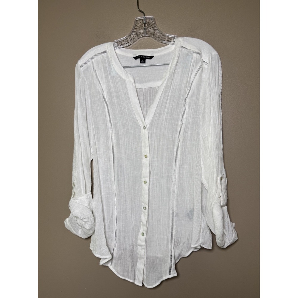 Zac & Rachel White Button Down Lace Trim Roll Tab Sleeve Tunic Blouse XL